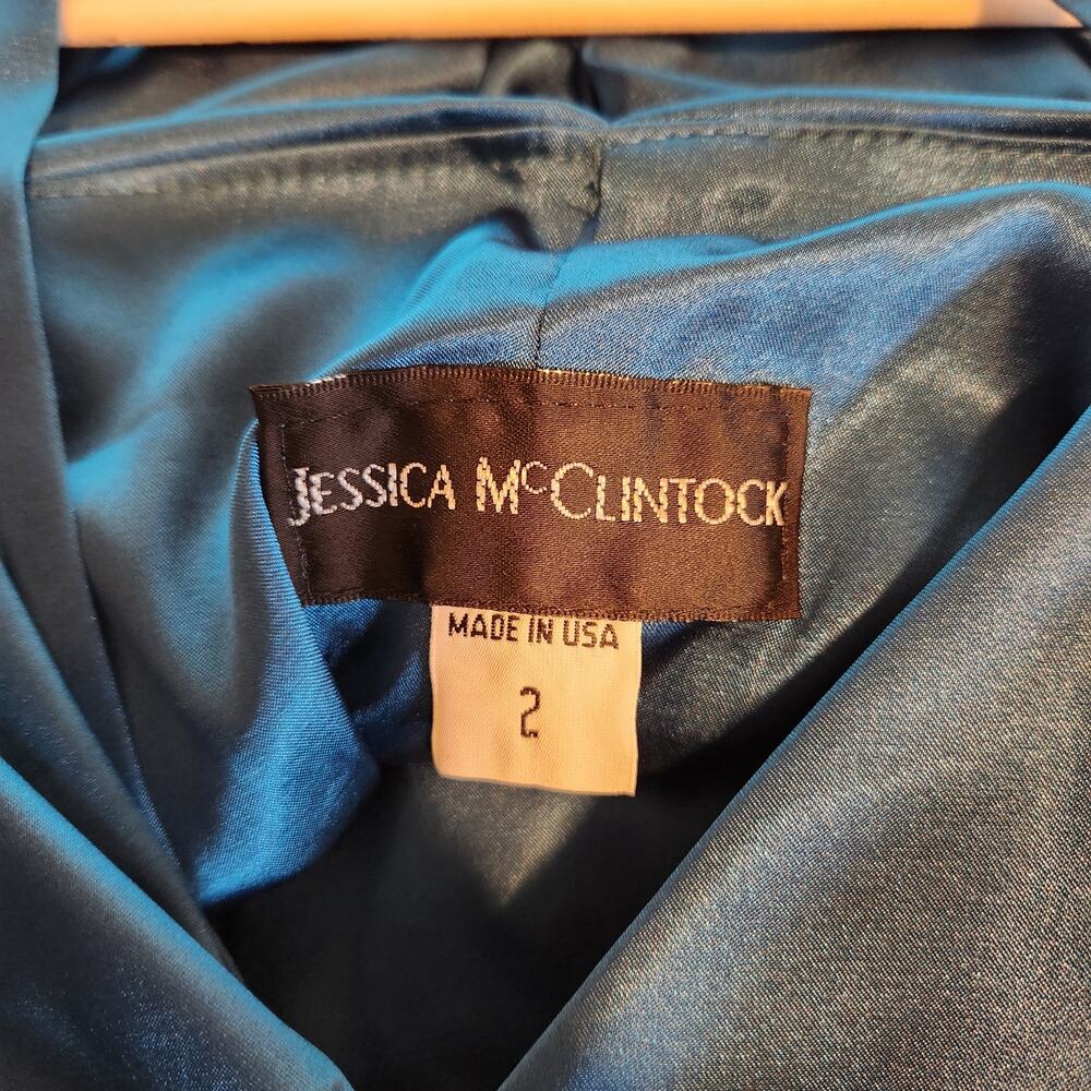 Jessica McClintock Y2K Teal Satin Halter Ruffle Drop Waist Mini Homecoming Dress - Picture 6 of 10